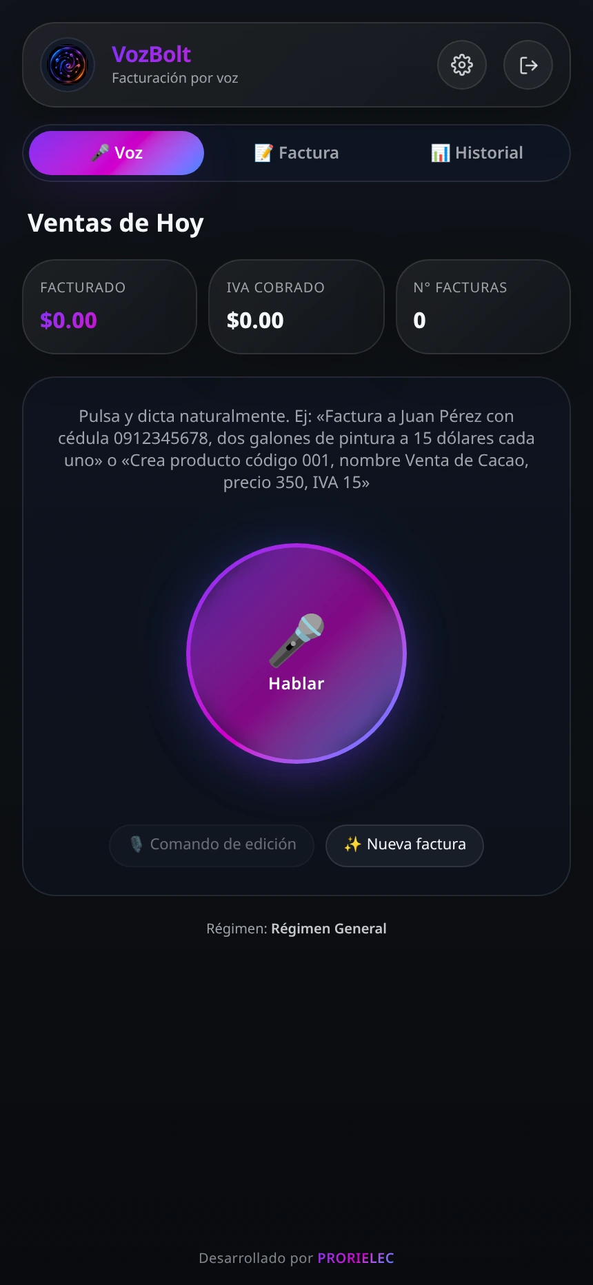 Pantalla principal de VozBolt con botón de micrófono
