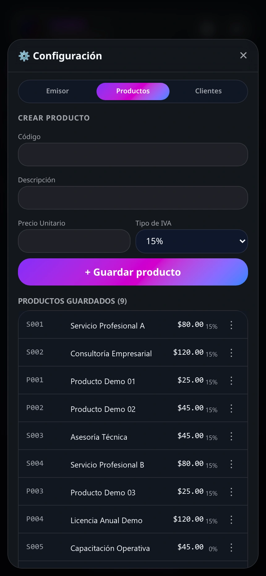 Catálogo de productos en VozBolt con código S001
